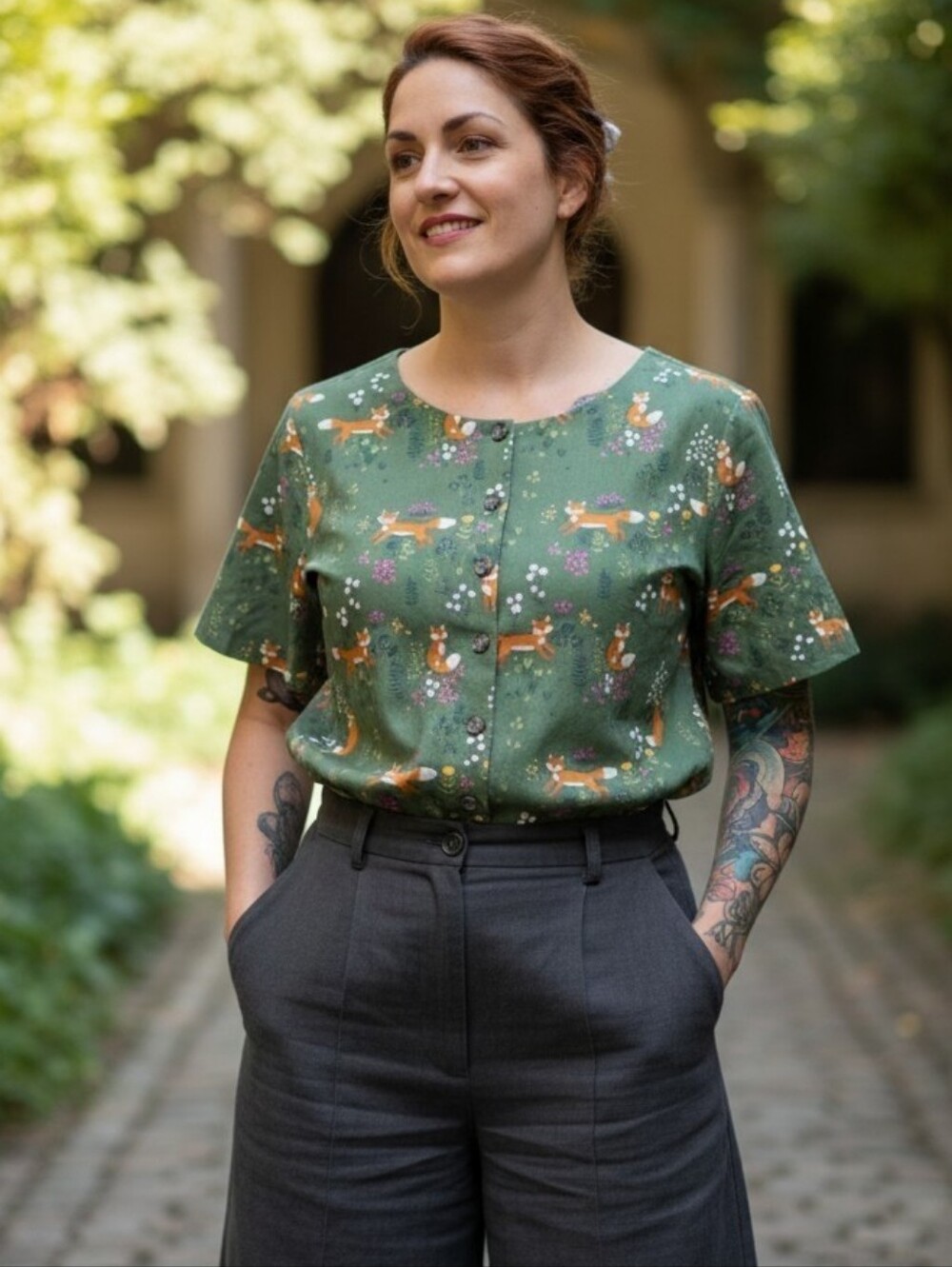 ModCloth Princess Highway Fox Print Cottagecore Button Front Blouse Size 10